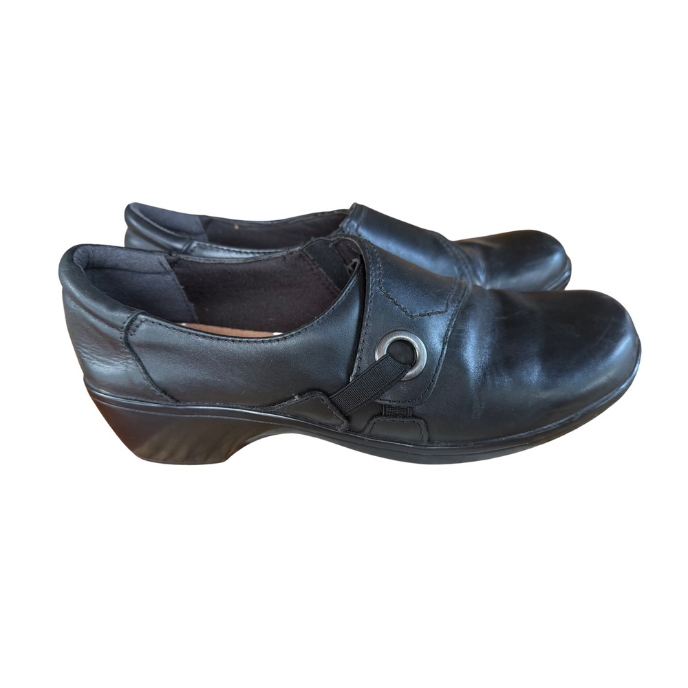 Clarks Collection Black Leather Cushion Soft Wedge Loafers Womens 10 M comfort